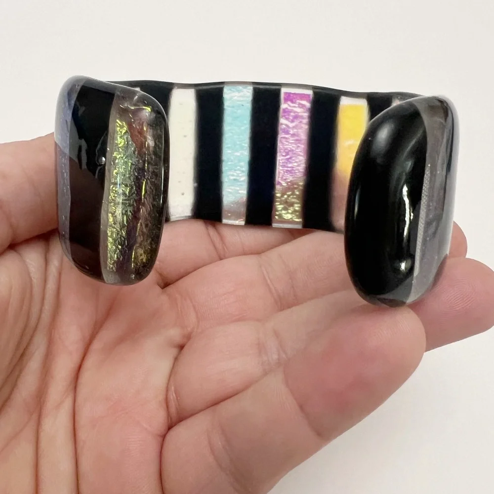 Handmade Glass Black Rainbow Dichroic Iridescent Stripe Cuff Bracelet Denmark